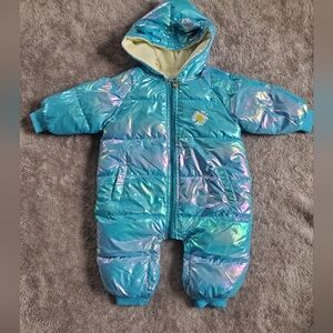 Unisex ​Baby Iridescent Blue Holographic Puffer Snowsuit One-Piece Hooded 18-24M